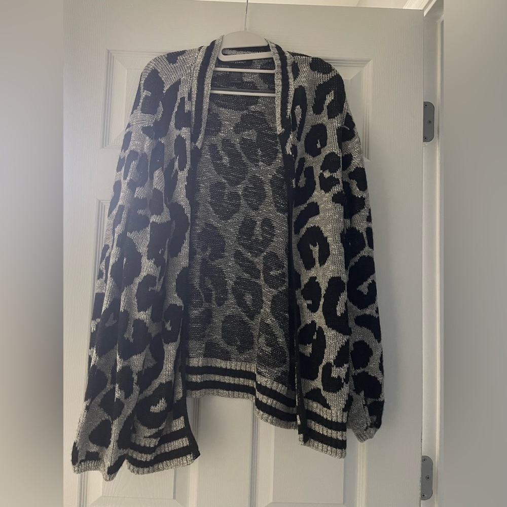 Ashley Stewart Leopard Print Cardigan in Black and Gray